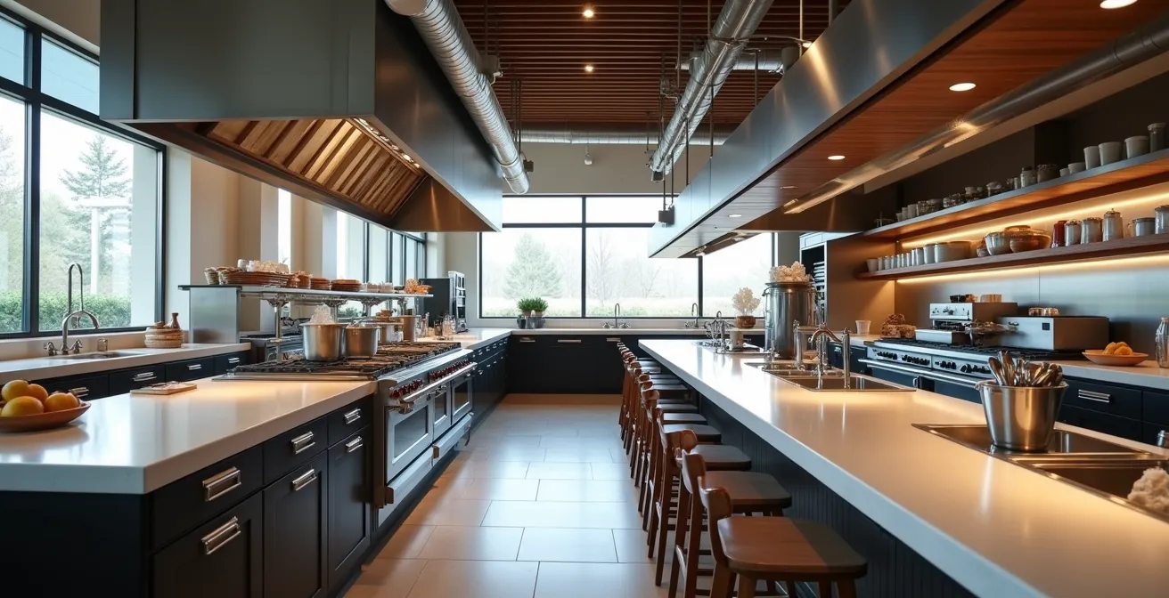 Wide angle view of modern open kitchen with clean lines and organized stations visible from dining area