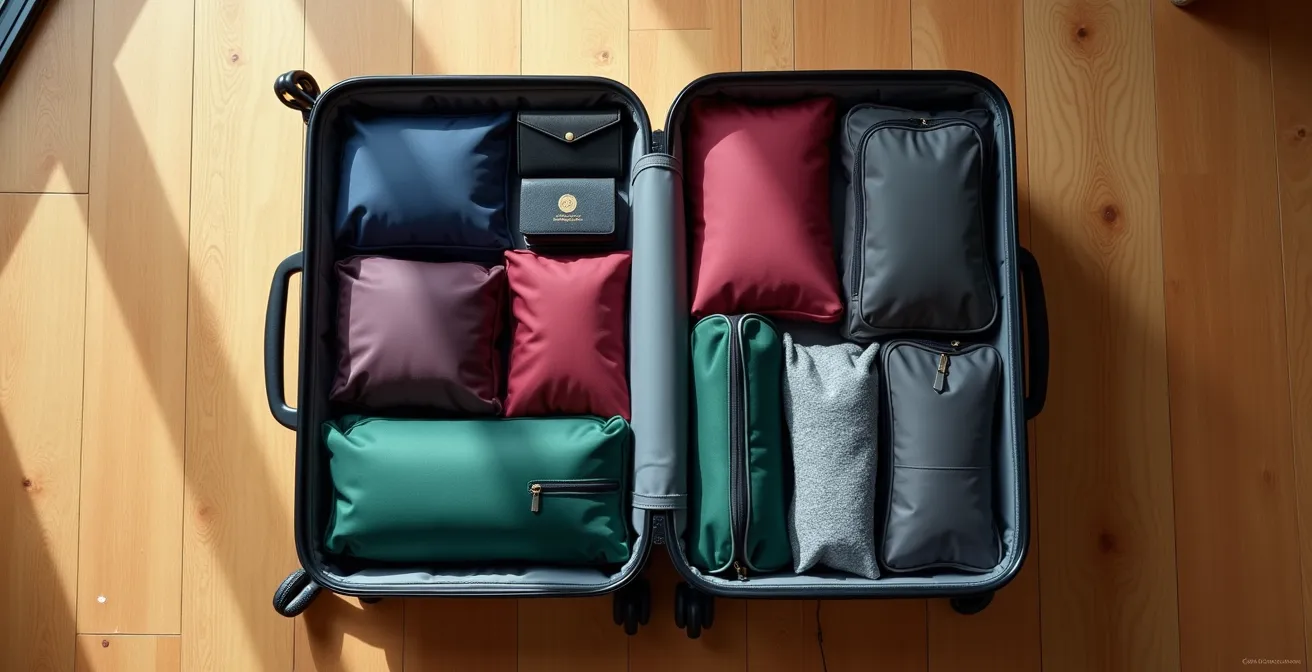 Overhead view of color-coded packing cubes arranged in an open suitcase