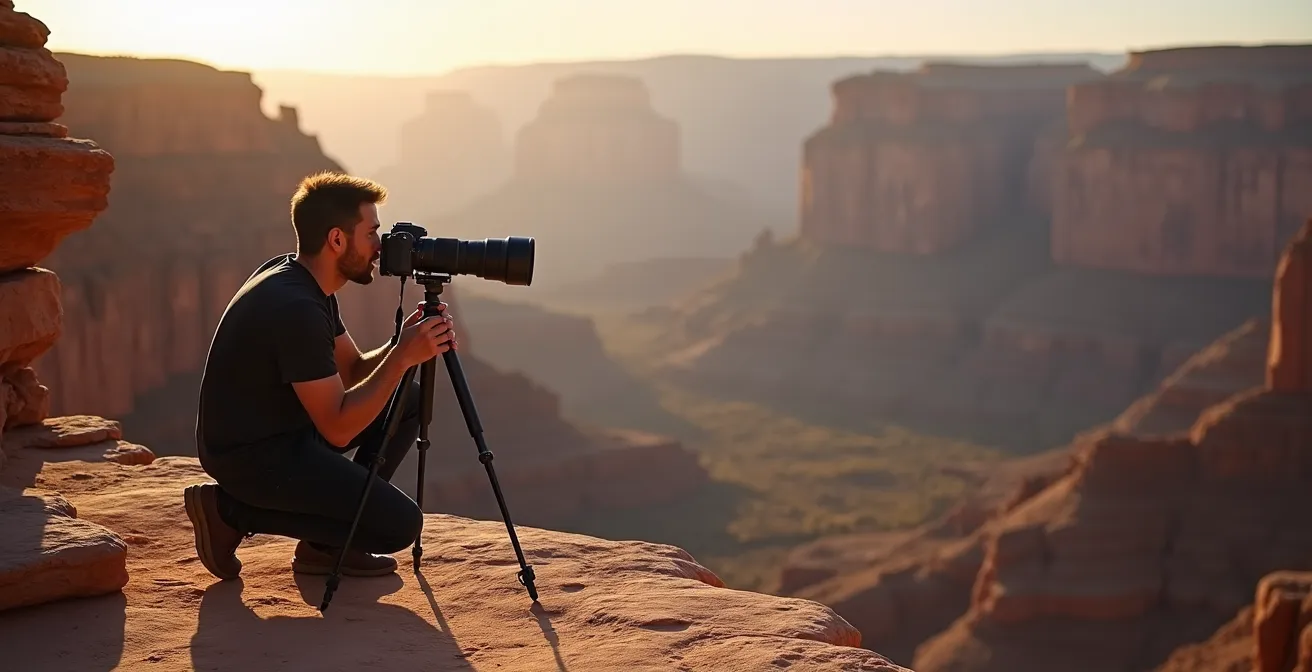 Photographer with telephoto lens positioned safely back from cliff edge capturing distant view