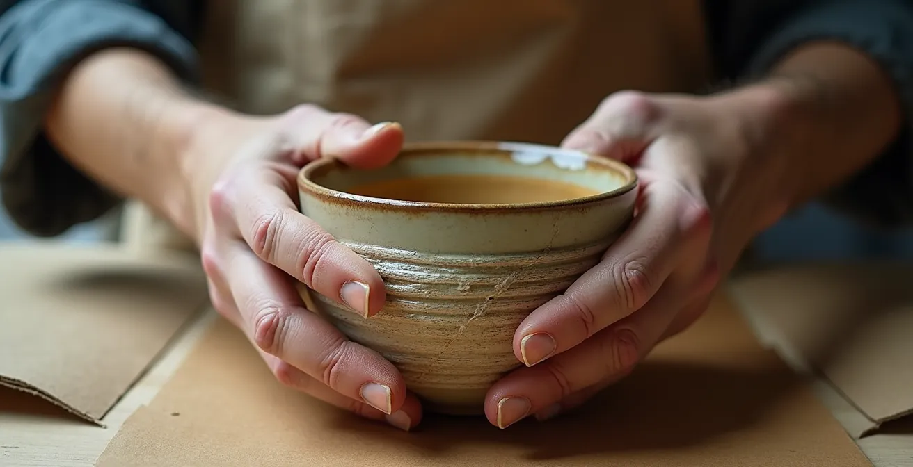 Close-up of hands carefully wrapping pottery in protective materials