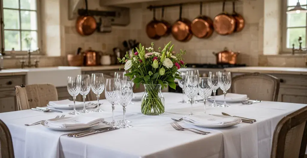 Private chef dinner table set with wine glasses and white linens in French villa kitchen