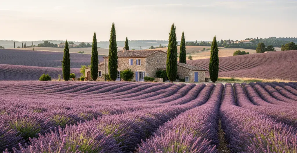 Provence lavender fields with traditional stone farmhouse for holiday rental France