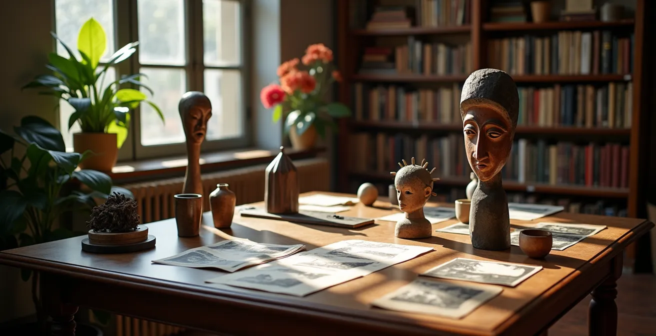 Person examining traditional cultural artifacts and historical photographs in a library setting with natural lighting