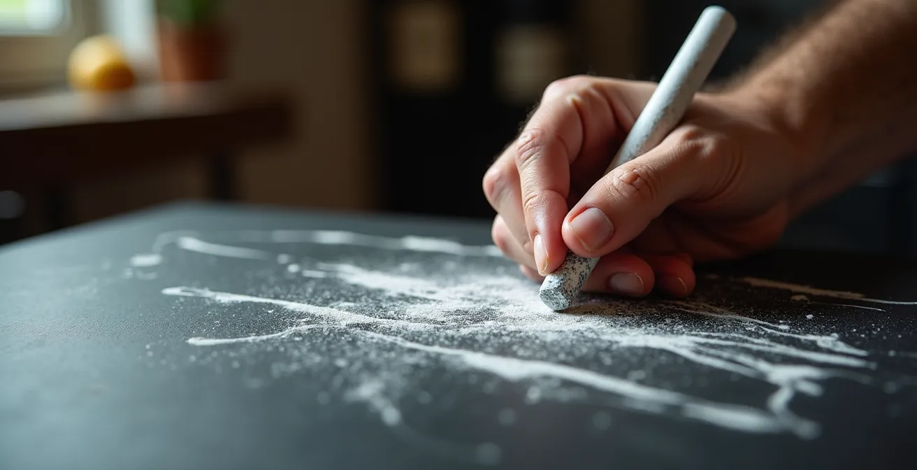 Close-up of chef's hands writing seasonal menu on rustic chalkboard