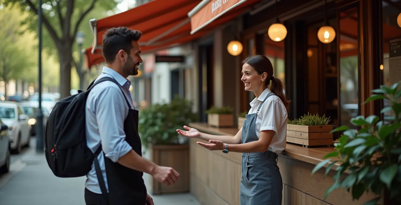 Street scene depicting body language dynamics between tourist and restaurant tout