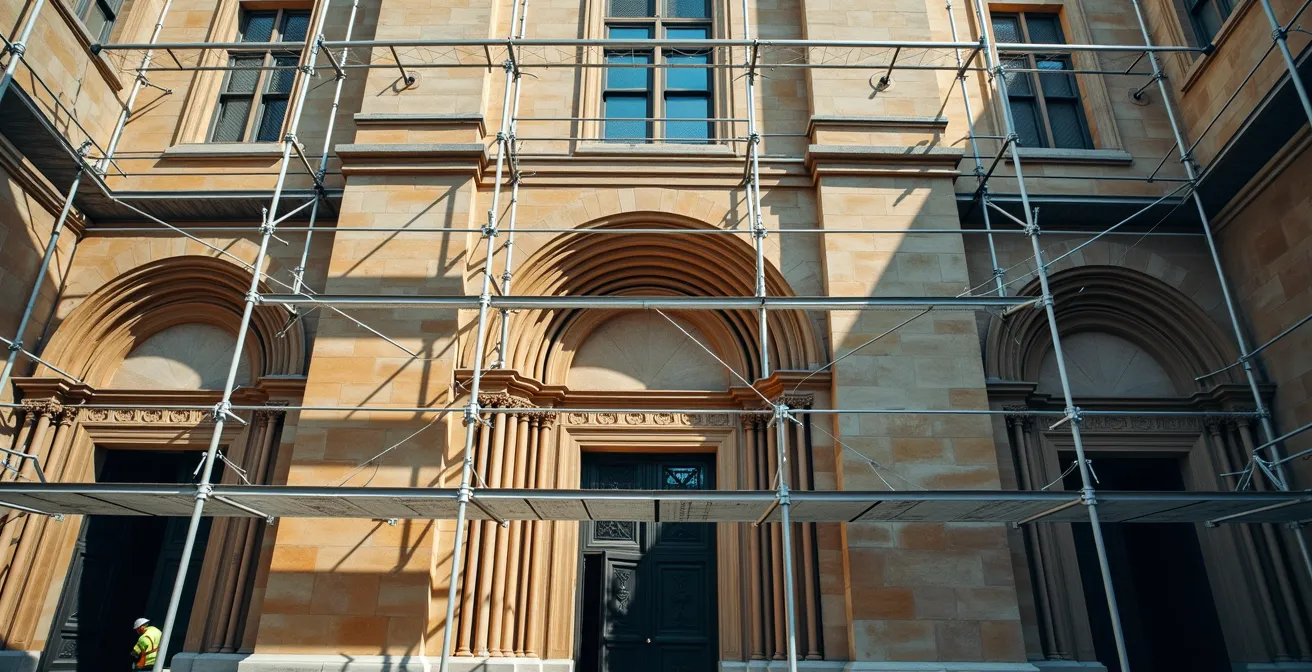 Historic building partially covered with modern scaffolding creating geometric patterns against weathered stone
