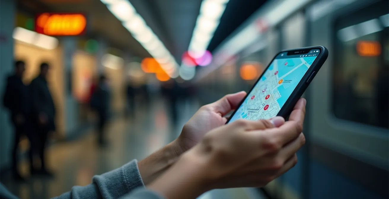 Commuter using a smartphone to locate available e-scooters on a map interface near a train station.