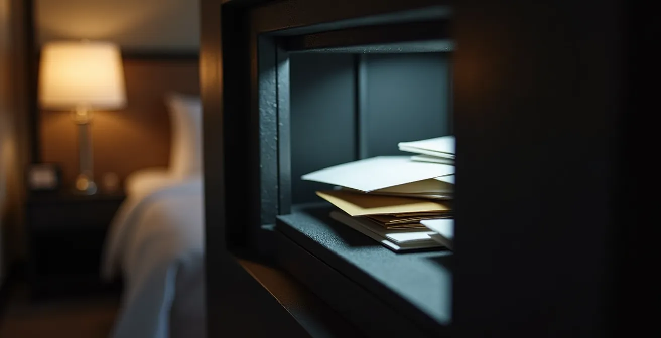 Hotel room safe partially open with travel documents visible but not readable
