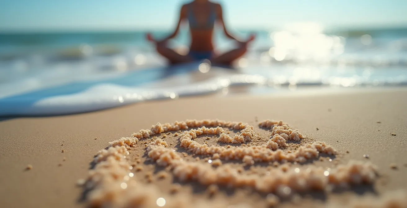 Person sitting in meditation pose facing calm ocean horizon during soft morning light