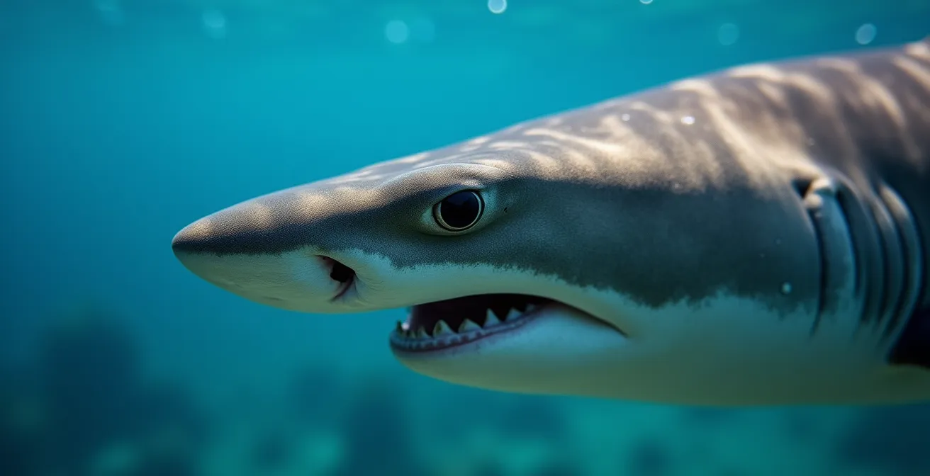 Extreme close-up of a reef shark's dropped pectoral fin showing defensive posture details