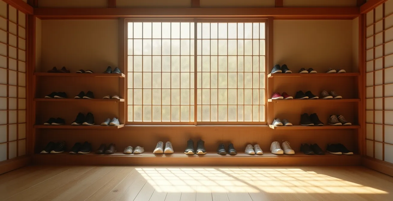 Traditional home entrance with shoes neatly arranged showing cultural respect