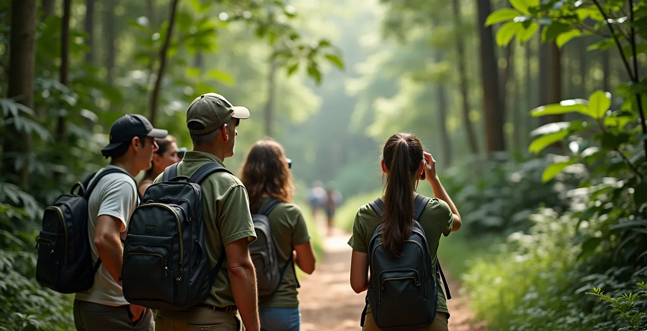 Small group of tourists observing wildlife from a respectful distance in natural habitat
