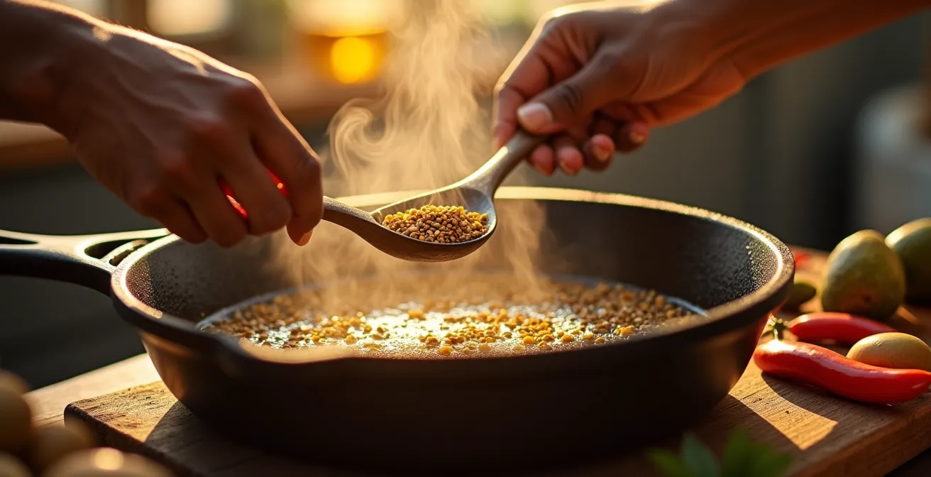 Whole spices being tempered in hot oil showing aromatic steam rising