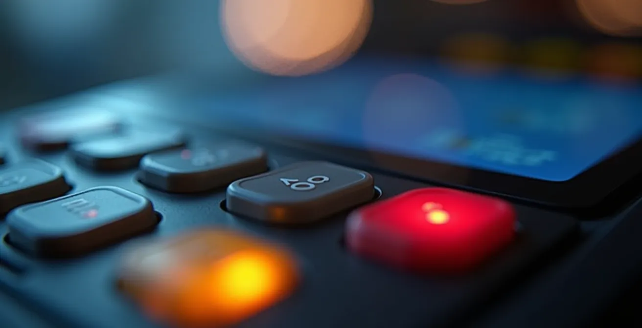 Extreme close-up of payment terminal screen showing currency conversion options