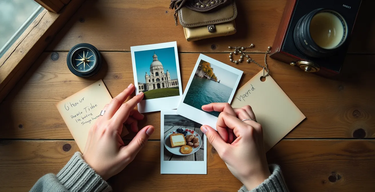 Overhead view of traveler's hands organizing travel photos and notes on wooden table