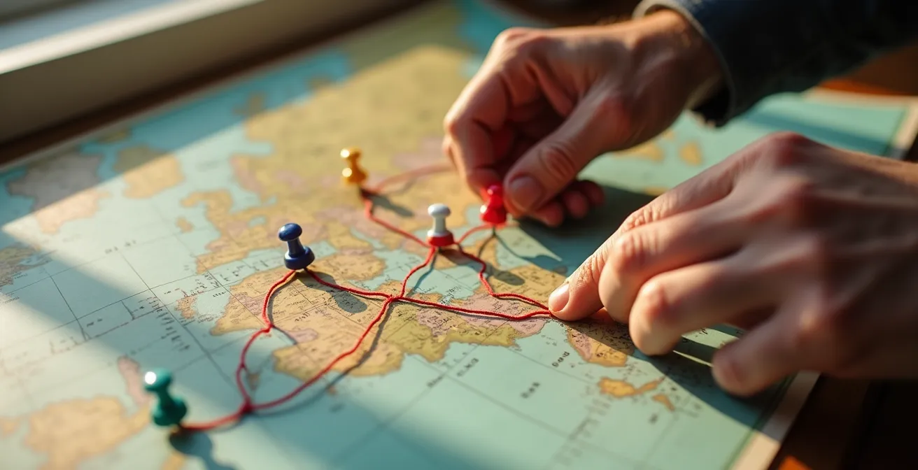 Hands placing colored pins on a large wall map showing optimized travel routes
