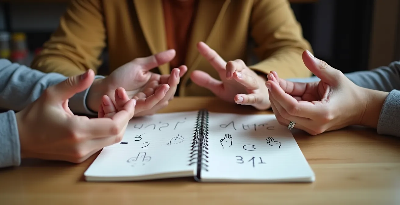 A traveler practicing local phrases with hand gestures while locals smile encouragingly
