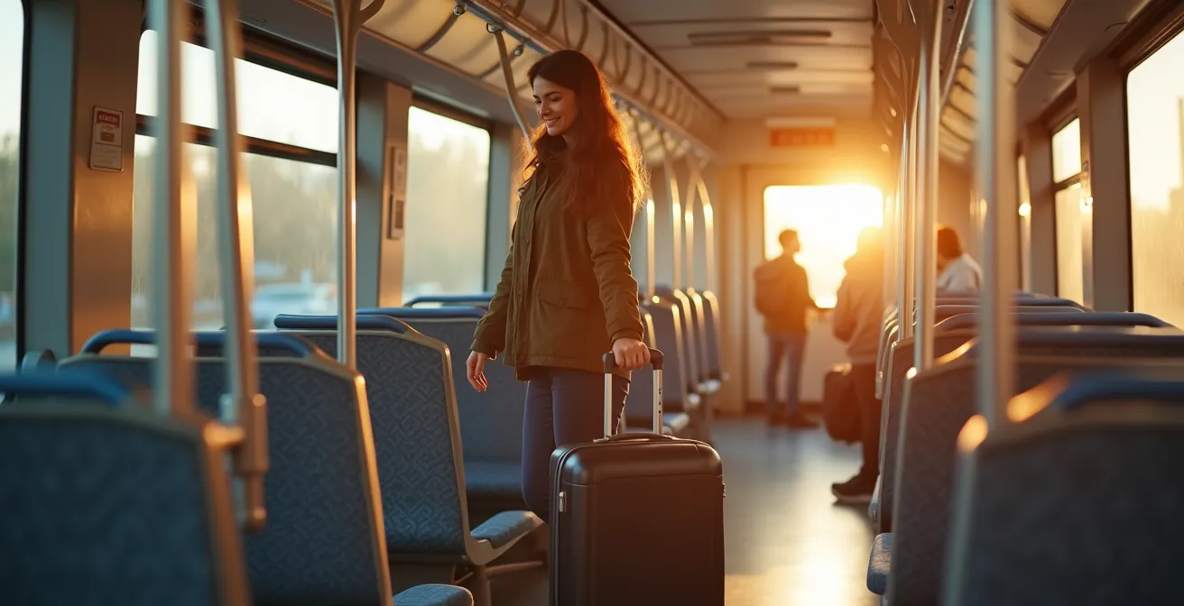 Traveler with luggage in spacious metro car during off-peak hours