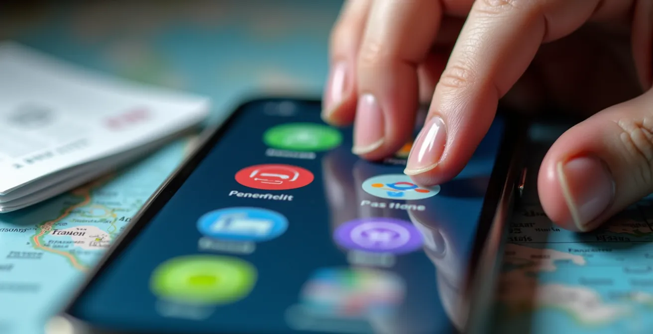 Hands organizing transportation apps on smartphone before travel