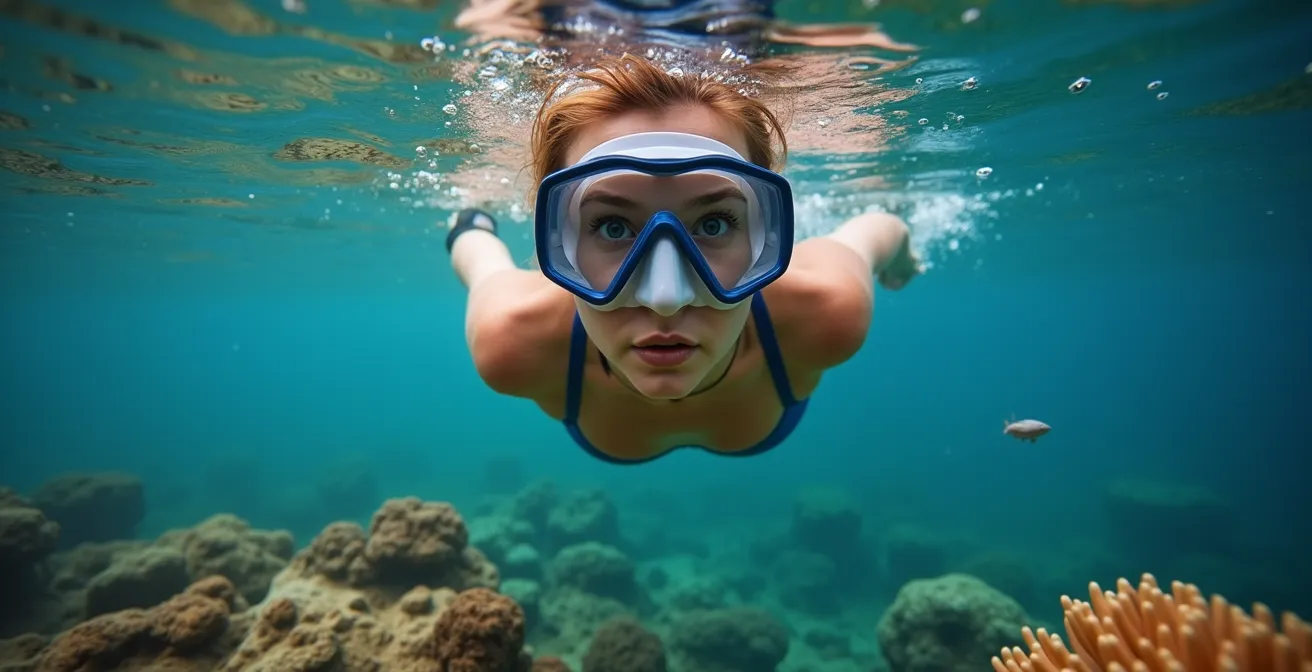 Snorkeler maintaining safe observation distance from coral reef while spotting hidden marine life