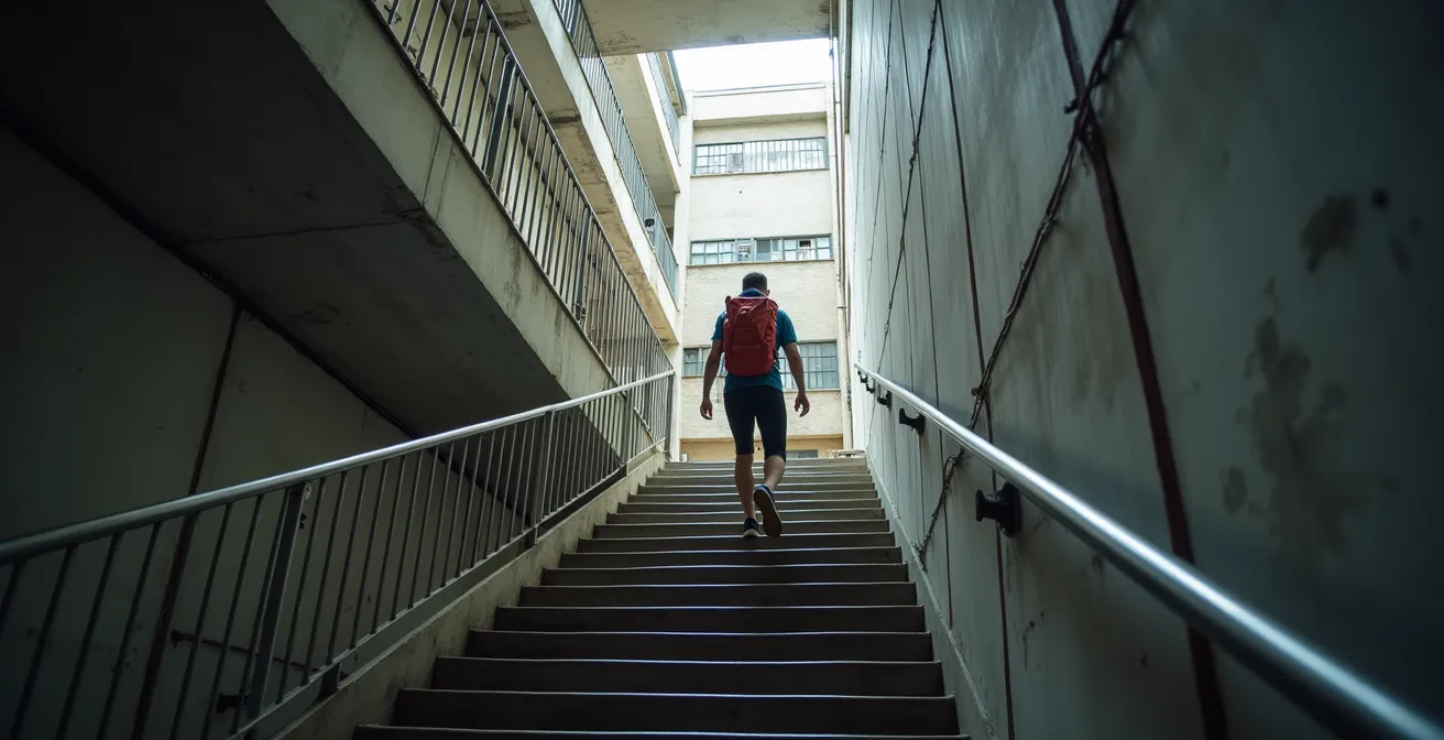 Athlete training in urban stairwell with weighted backpack simulating canyon descent