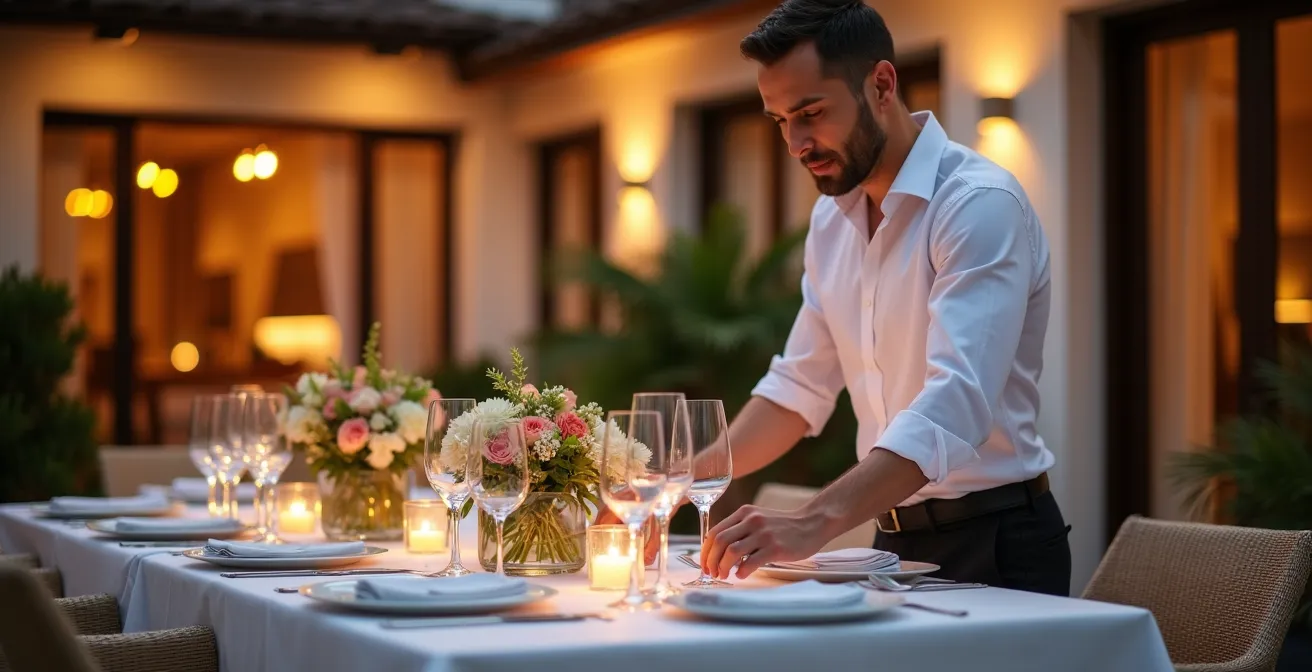 Professional concierge setting an elegant outdoor dining table for a private chef dinner at sunset