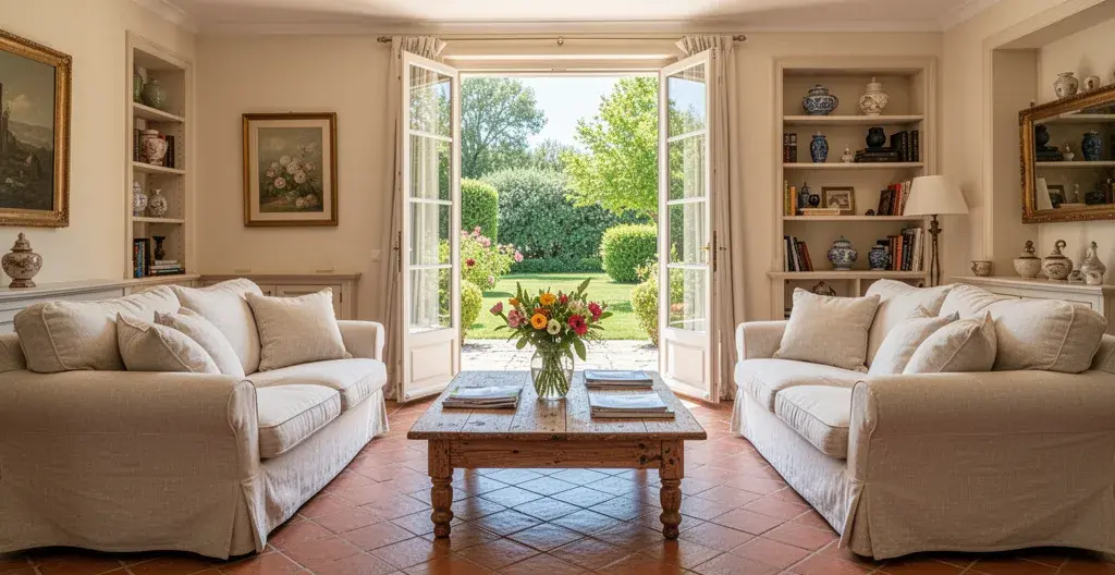 Elegant villa living room with linen sofas and French doors opening to garden