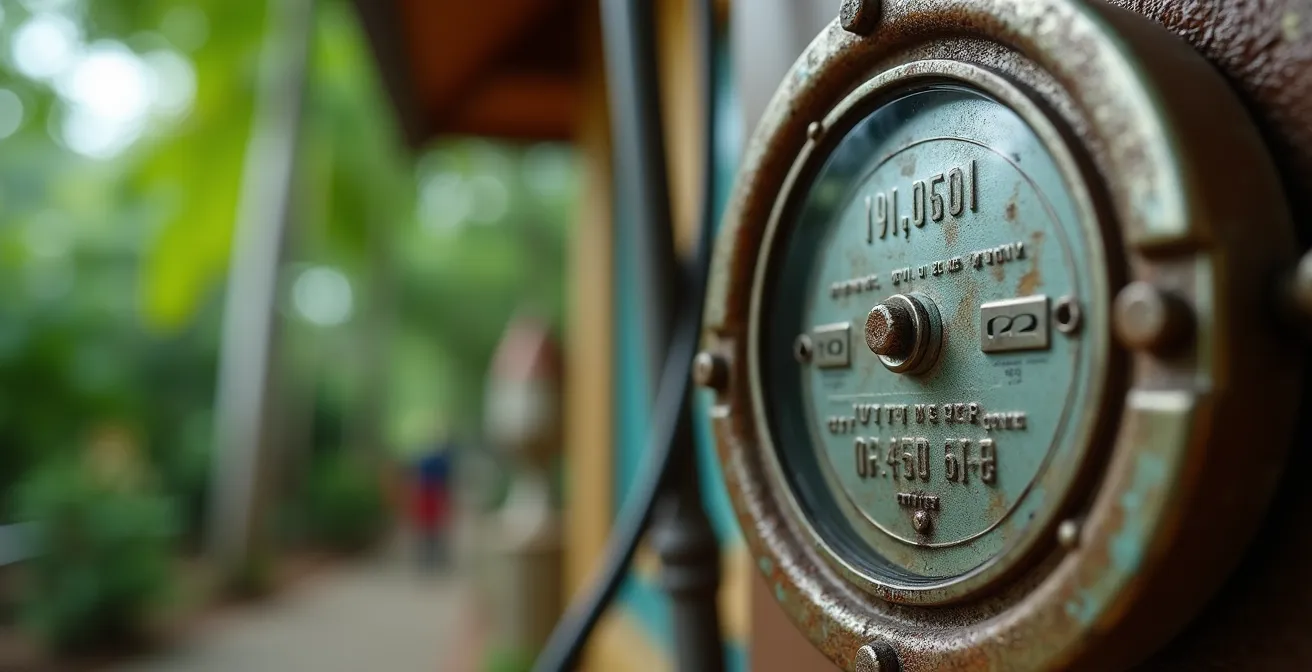 Close-up macro shot of utility meter details with tropical villa architecture blurred in background