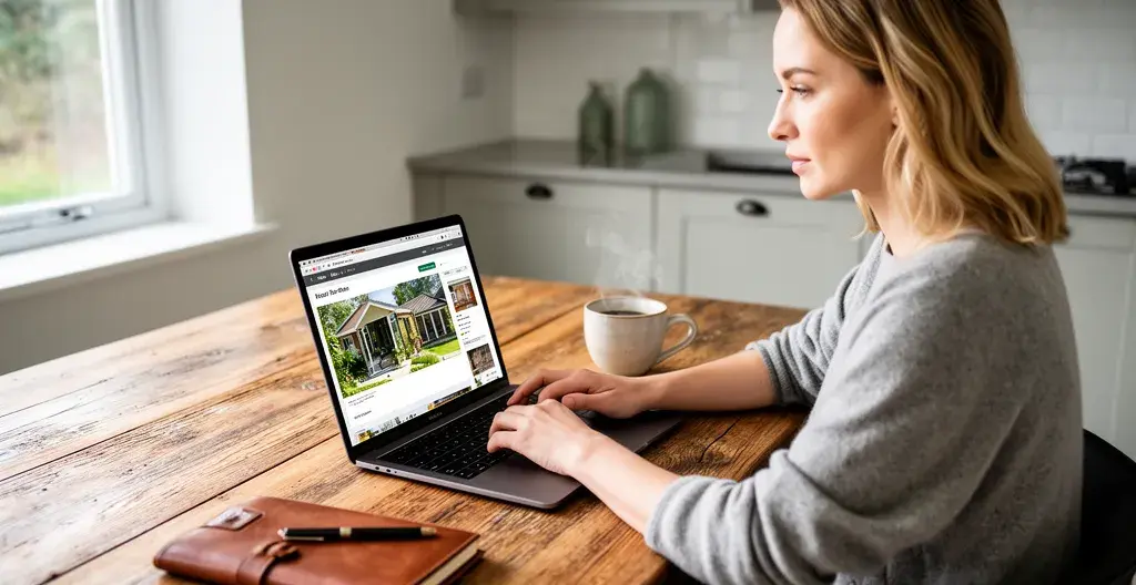 Woman researching Île de Ré villa options on laptop in home kitchen