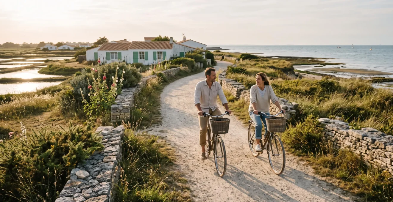 Couple cycling on a coastal path beside whitewashed houses on Île de Ré.