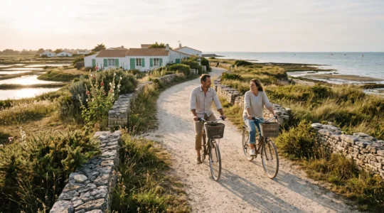 Couple cycling on a coastal path beside whitewashed houses on Île de Ré.