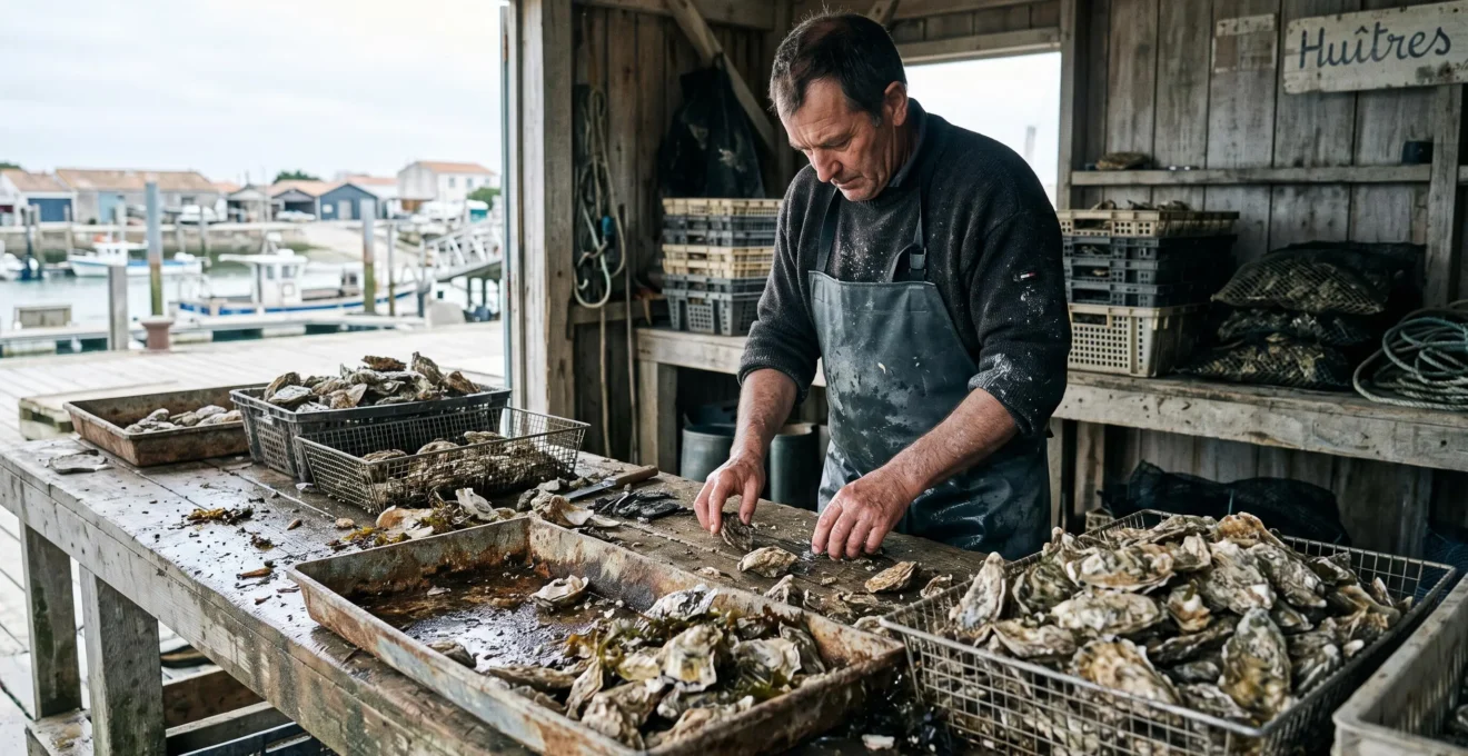 Oyster farmer sorting fresh oysters at a wooden shack on the harbor.