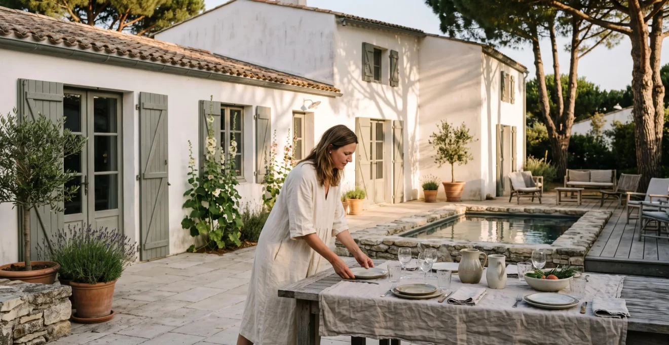 Woman preparing an outdoor dining table on a villa terrace at dusk.